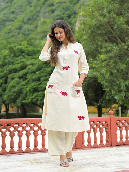 Off White Embroidered Cotton A-line Kurta Pant Sets