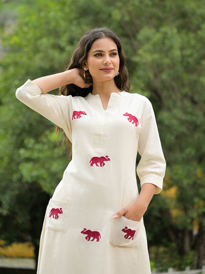 Off White Embroidered Cotton A-line Kurta Pant Sets