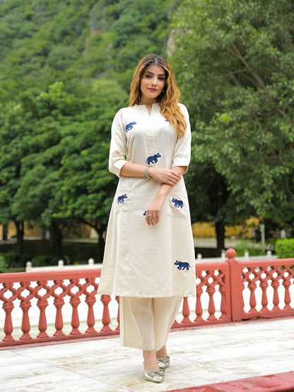 Off White Embroidered Cotton A-line Kurta Pant Sets