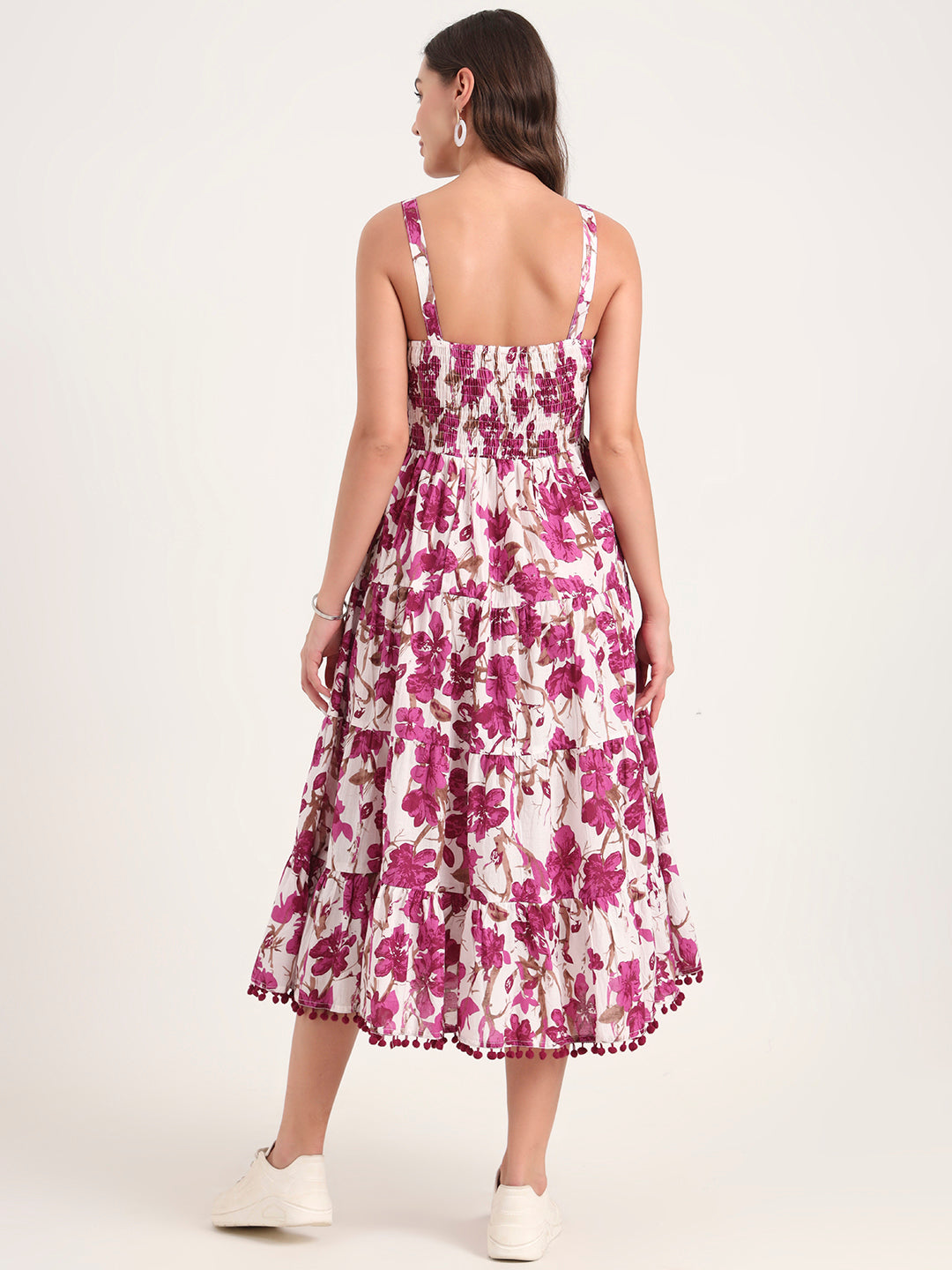 Purple Printed Cotton Shoulder Strap Pompom Dress