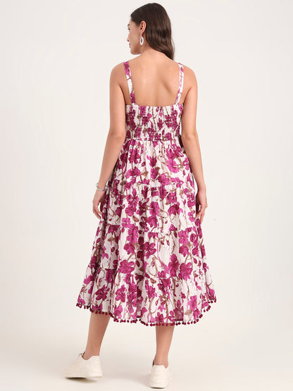 Purple Printed Cotton Shoulder Strap Pompom Dress