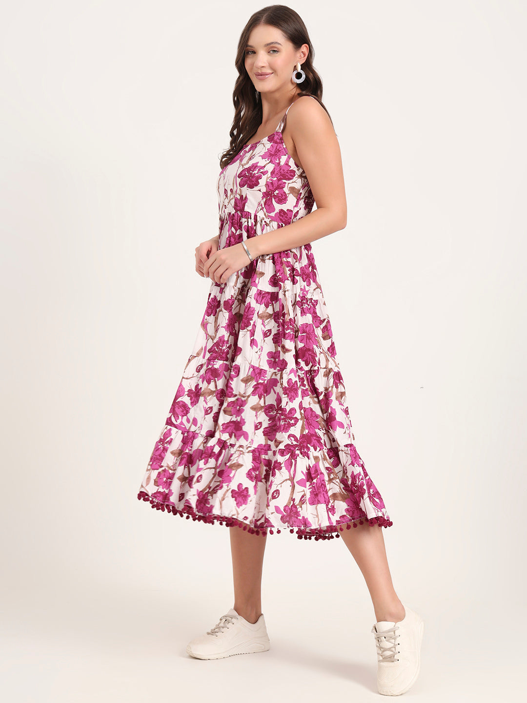 Purple Printed Cotton Shoulder Strap Pompom Dress