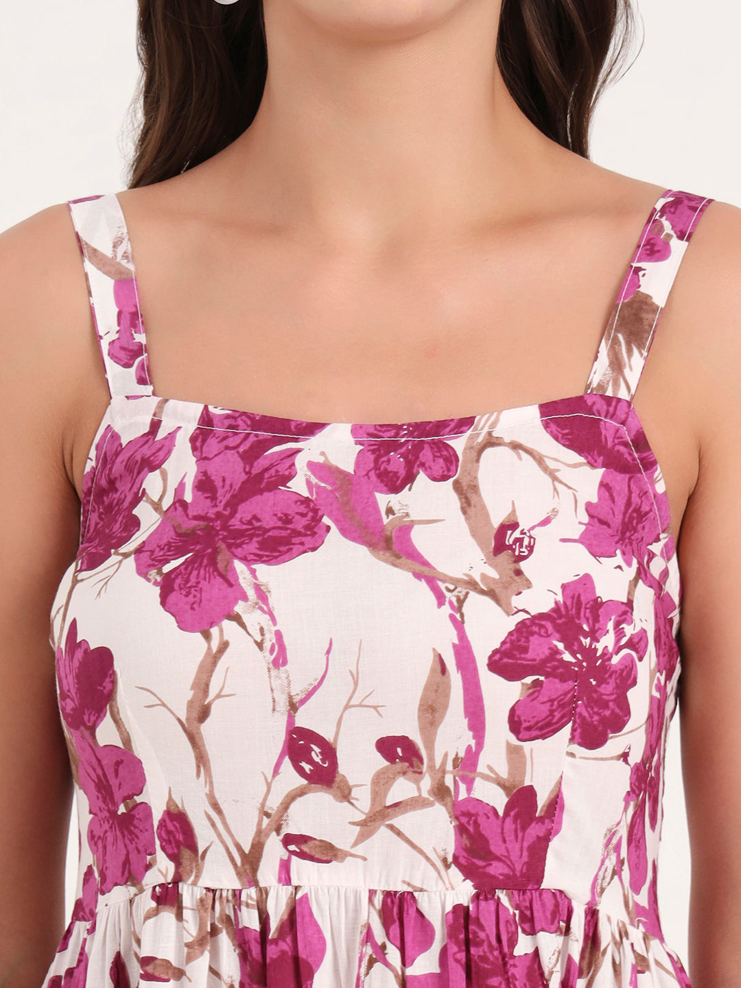 Purple Printed Cotton Shoulder Strap Pompom Dress
