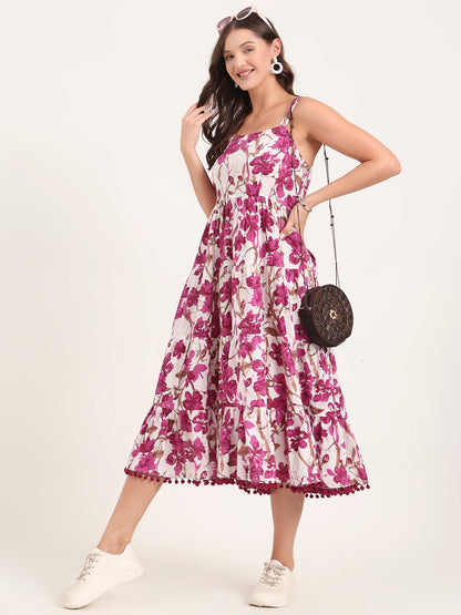 Purple Printed Cotton Shoulder Strap Pompom Dress