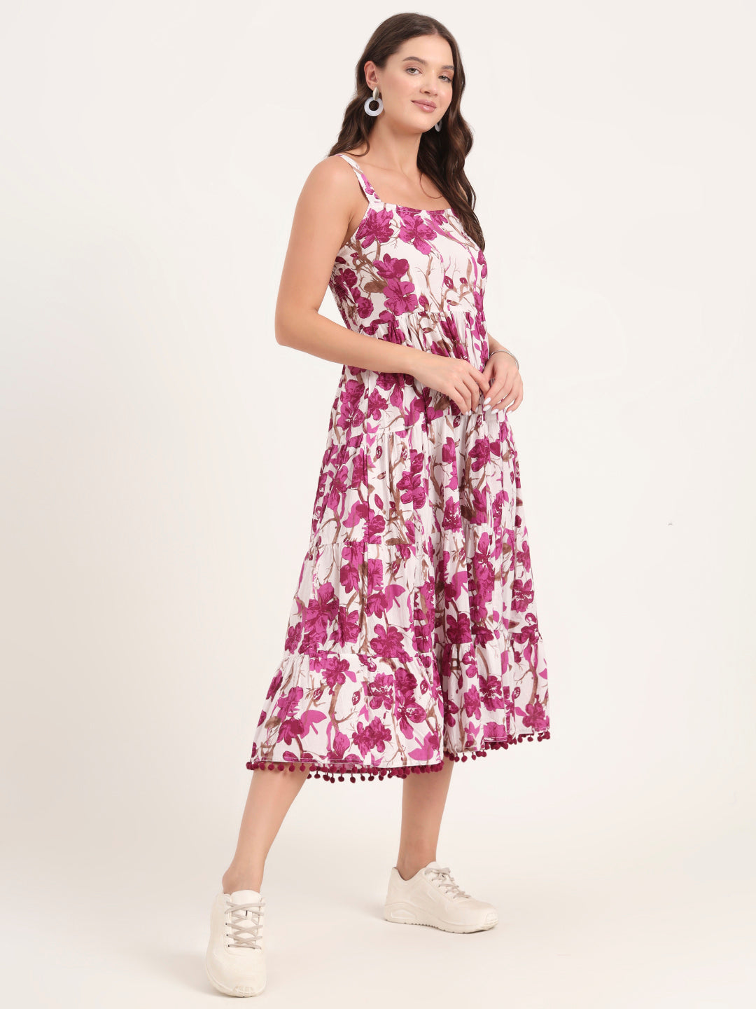 Purple Printed Cotton Shoulder Strap Pompom Dress