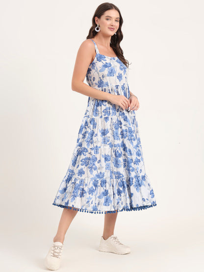 Blue Printed Cotton Shoulder Strap Pompom Dress