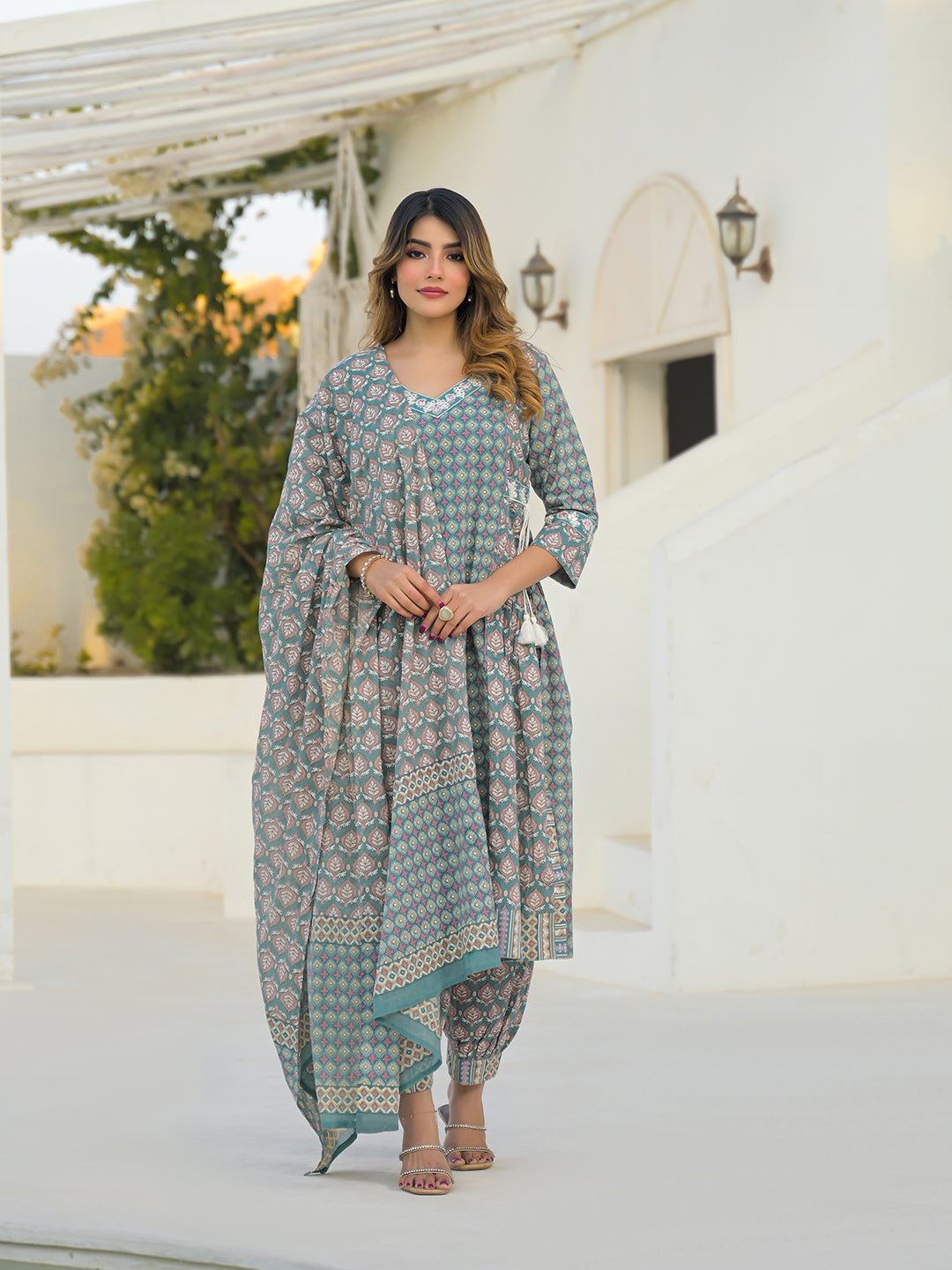 Turquoise Blue A-Line Cotton Kurta Pant Set With Dupatta