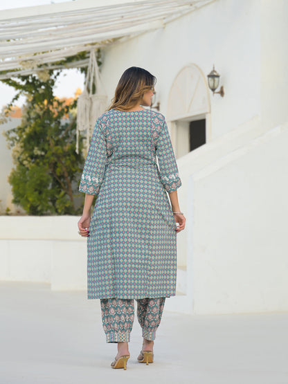 Turquoise Blue A-Line Cotton Kurta Pant Set With Dupatta