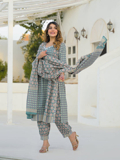 Turquoise Blue A-Line Cotton Kurta Pant Set With Dupatta