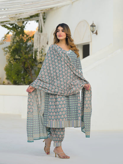 Turquoise Blue A-Line Cotton Kurta Pant Set With Dupatta