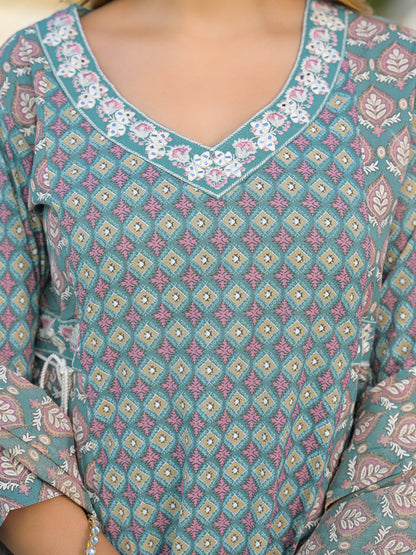 Turquoise Blue A-Line Cotton Kurta Pant Set With Dupatta