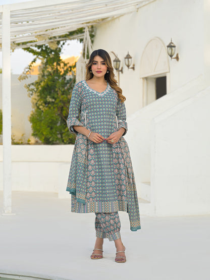 Turquoise Blue A-Line Cotton Kurta Pant Set With Dupatta
