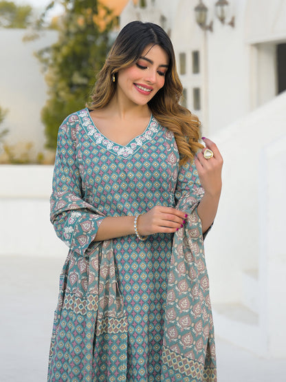 Turquoise Blue A-Line Cotton Kurta Pant Set With Dupatta