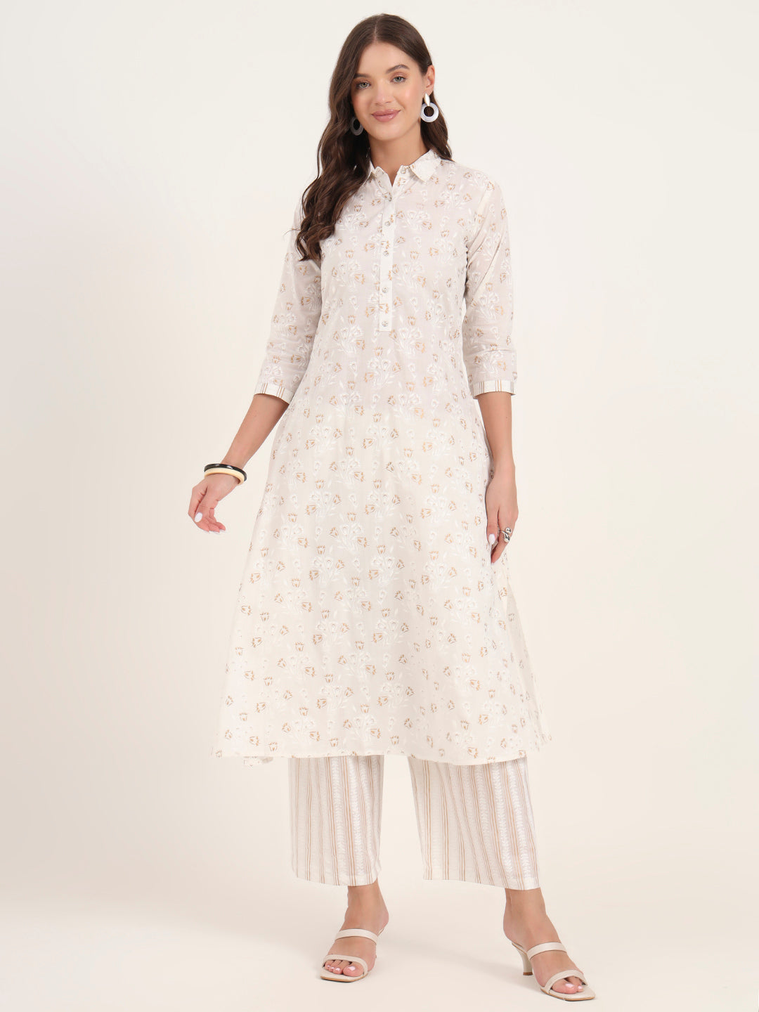 White Floral Printed Cotton Kurta Pant Sets