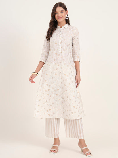White Floral Printed Cotton Kurta Pant Sets