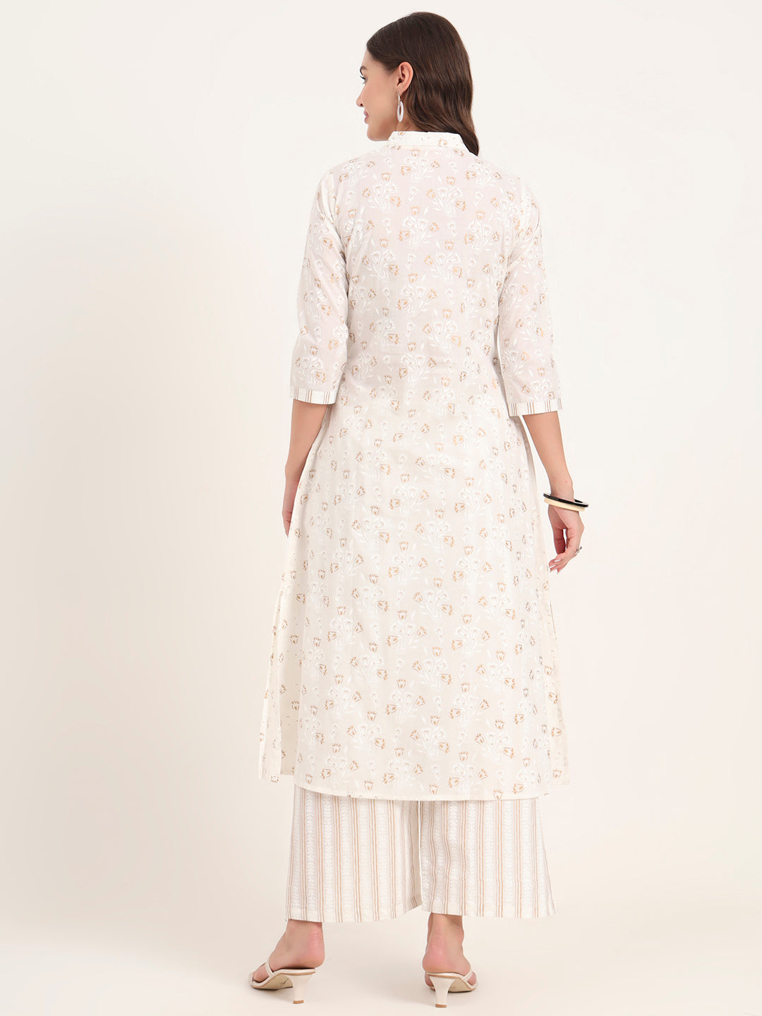 White Floral Printed Cotton Kurta Pant Sets