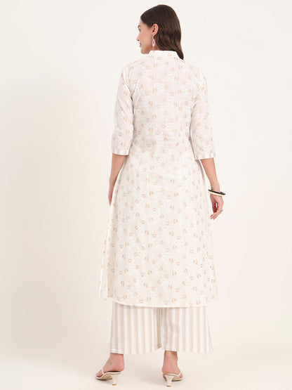 White Floral Printed Cotton Kurta Pant Sets