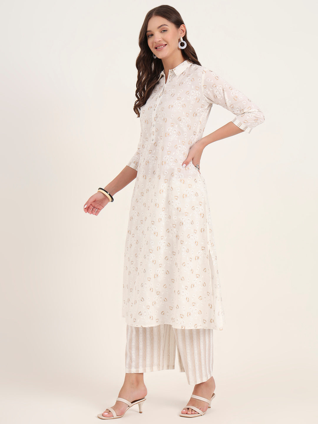 White Floral Printed Cotton Kurta Pant Sets