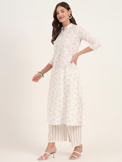 White Floral Printed Cotton Kurta Pant Sets