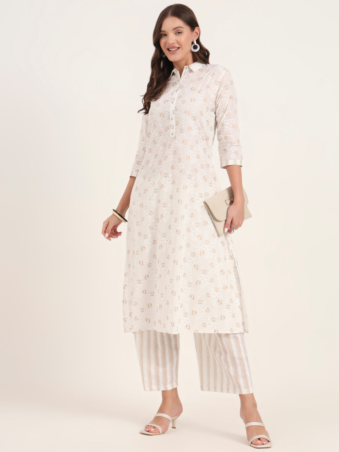 White Floral Printed Cotton Kurta Pant Sets