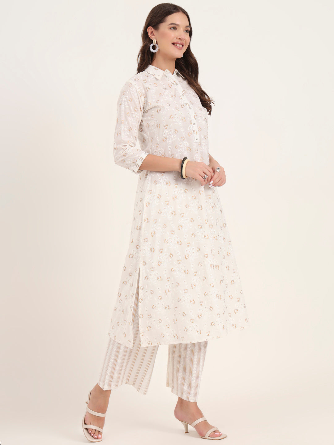 White Floral Printed Cotton Kurta Pant Sets