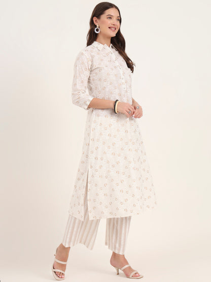 White Floral Printed Cotton Kurta Pant Sets