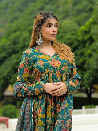 Dark Green Cotton Straight Kurta Pant With Dupatta