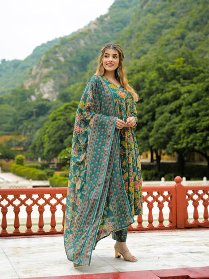 Dark Green Cotton Straight Kurta Pant With Dupatta