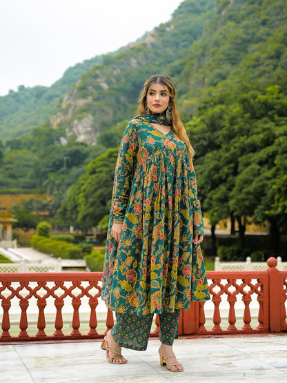 Dark Green Cotton Straight Kurta Pant With Dupatta