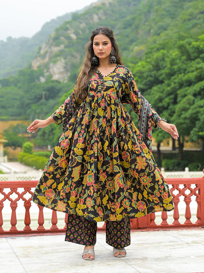 Black Cotton Straight Kurta Pant With Dupatta