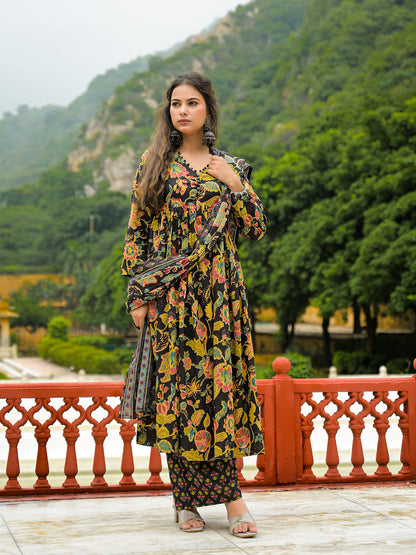 Black Cotton Straight Kurta Pant With Dupatta