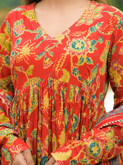 Red Cotton Straight Kurta Pant With Dupatta