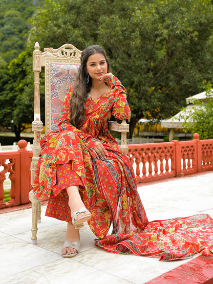 Red Cotton Straight Kurta Pant With Dupatta