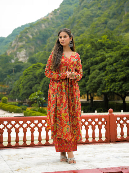 Red Cotton Straight Kurta Pant With Dupatta