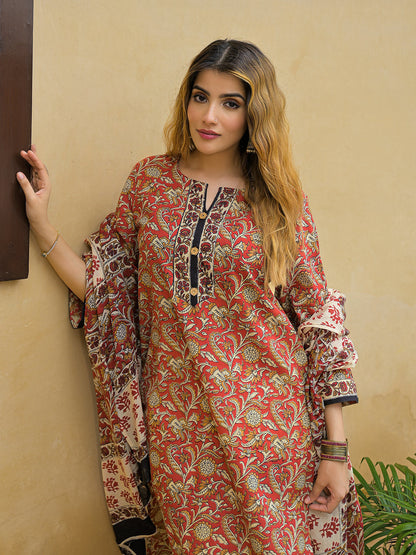 Maroon Hand Block Cotton Straight Kurta Pant With Dupatta