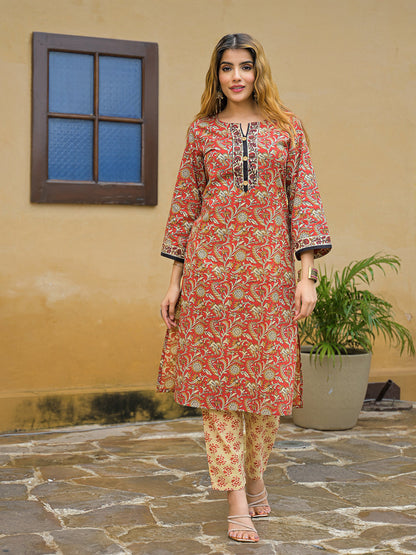 Maroon Hand Block Cotton Straight Kurta Pant With Dupatta