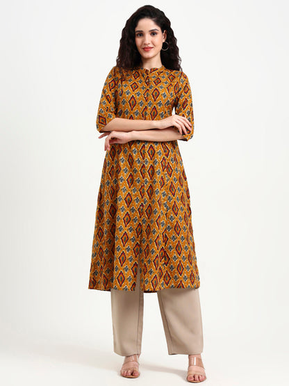 Mustard Ikkat Print Cotton Kurta