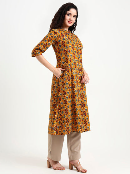 Mustard Ikkat Print Cotton Kurta