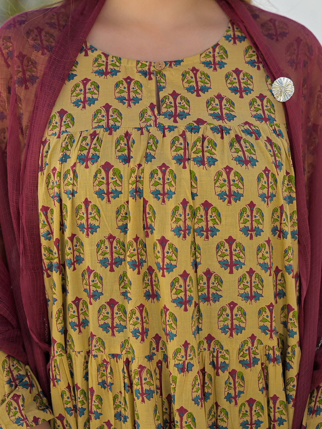 Beige Cotton Round Neck Anarkali Kurta Pant Set With Kota Doria Dupatta