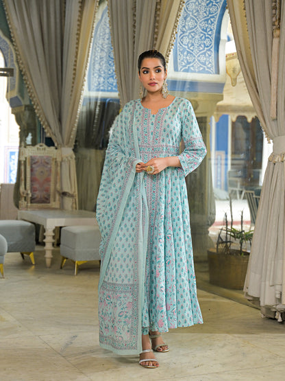 Sky Blue  Ethnic Motif Cotton Anarkali Kurta Pant With Dupatta