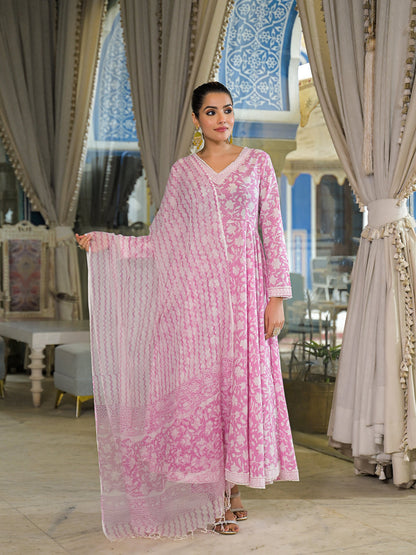 Pink Hand Block Cotton Anarkali Kurta Pant With Dupatta