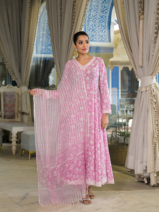 Pink Hand Block Cotton Anarkali Kurta Pant With Dupatta