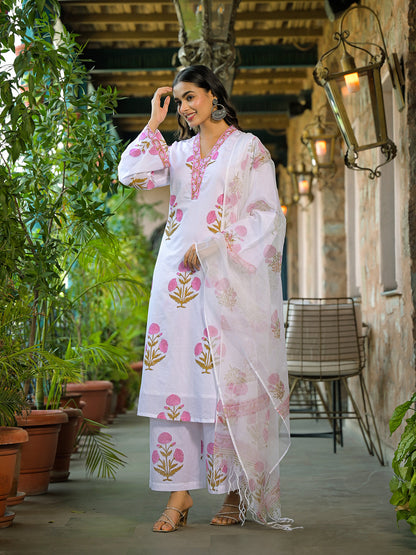 White Hand Block Print Cotton Kurta Sets With Dupatta