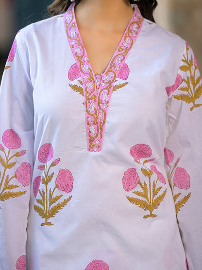 White Hand Block Print Cotton Kurta Sets With Dupatta