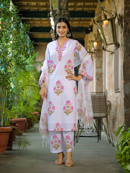 White Hand Block Print Cotton Kurta Sets With Dupatta