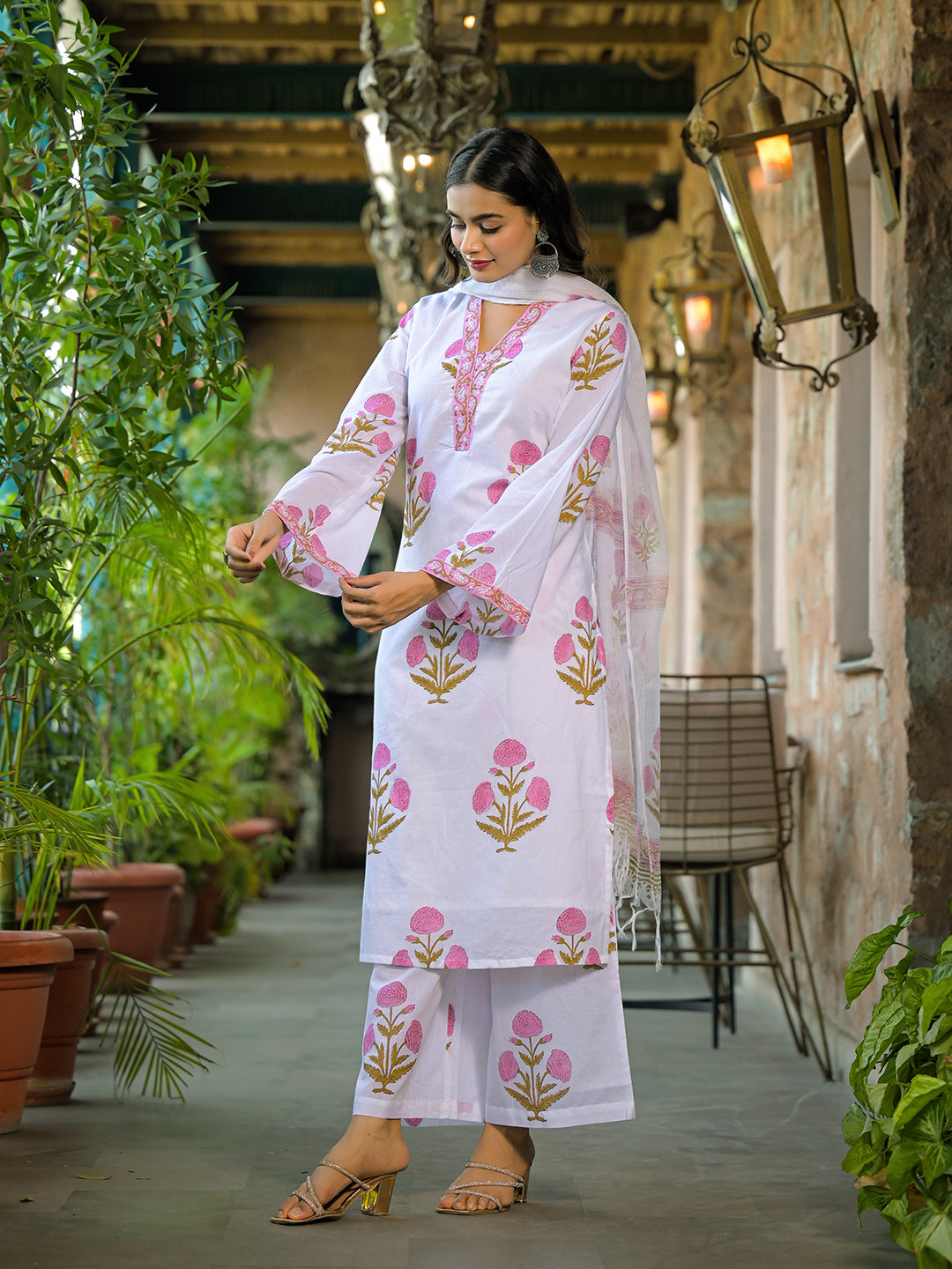 White Hand Block Print Cotton Kurta Sets With Dupatta