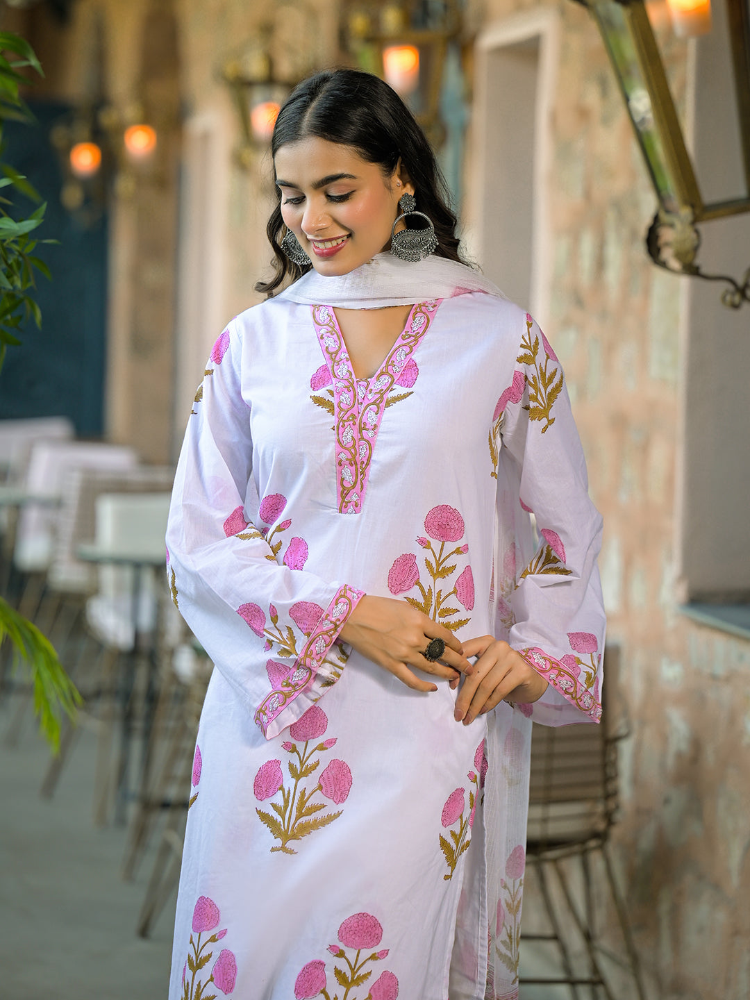 White Hand Block Print Cotton Kurta Sets With Dupatta