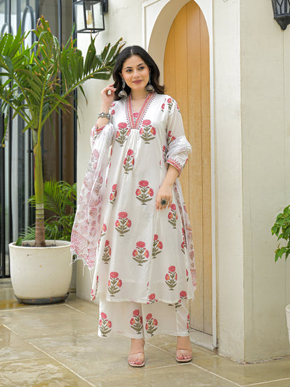 White Cotton Hand Block A-Line Kurta Pant Sets With Dupatta