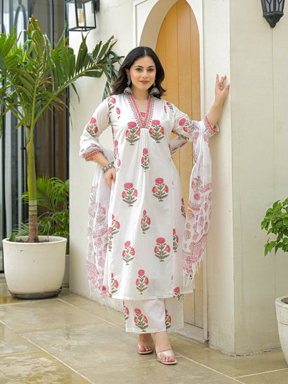 White Cotton Hand Block A-Line Kurta Pant Sets With Dupatta
