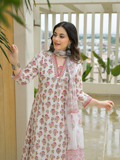 White Cotton Hand Block A-Line Kurta Pant Sets With Dupatta